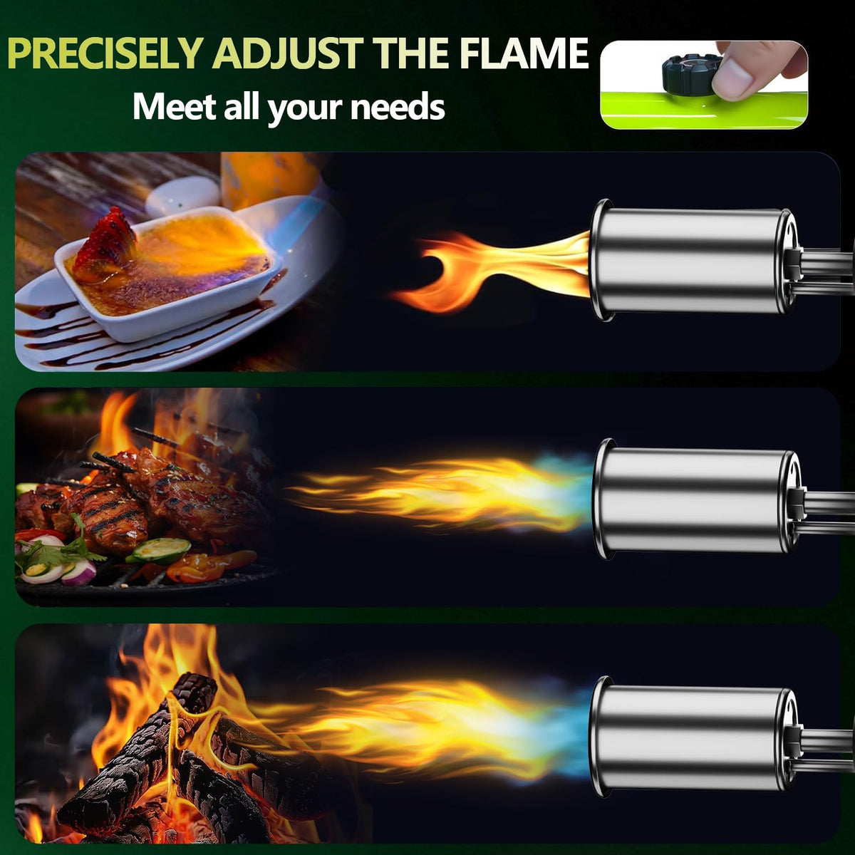 SEESE torch featuring adjustable flame control for precise cooking tasks.