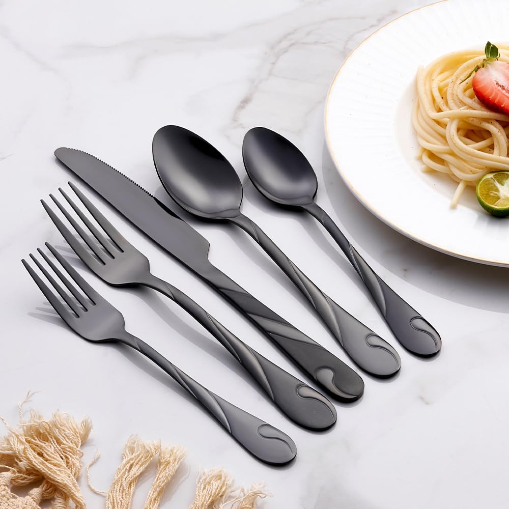 Seeshine black silverware set with salad forks for versatile serving.