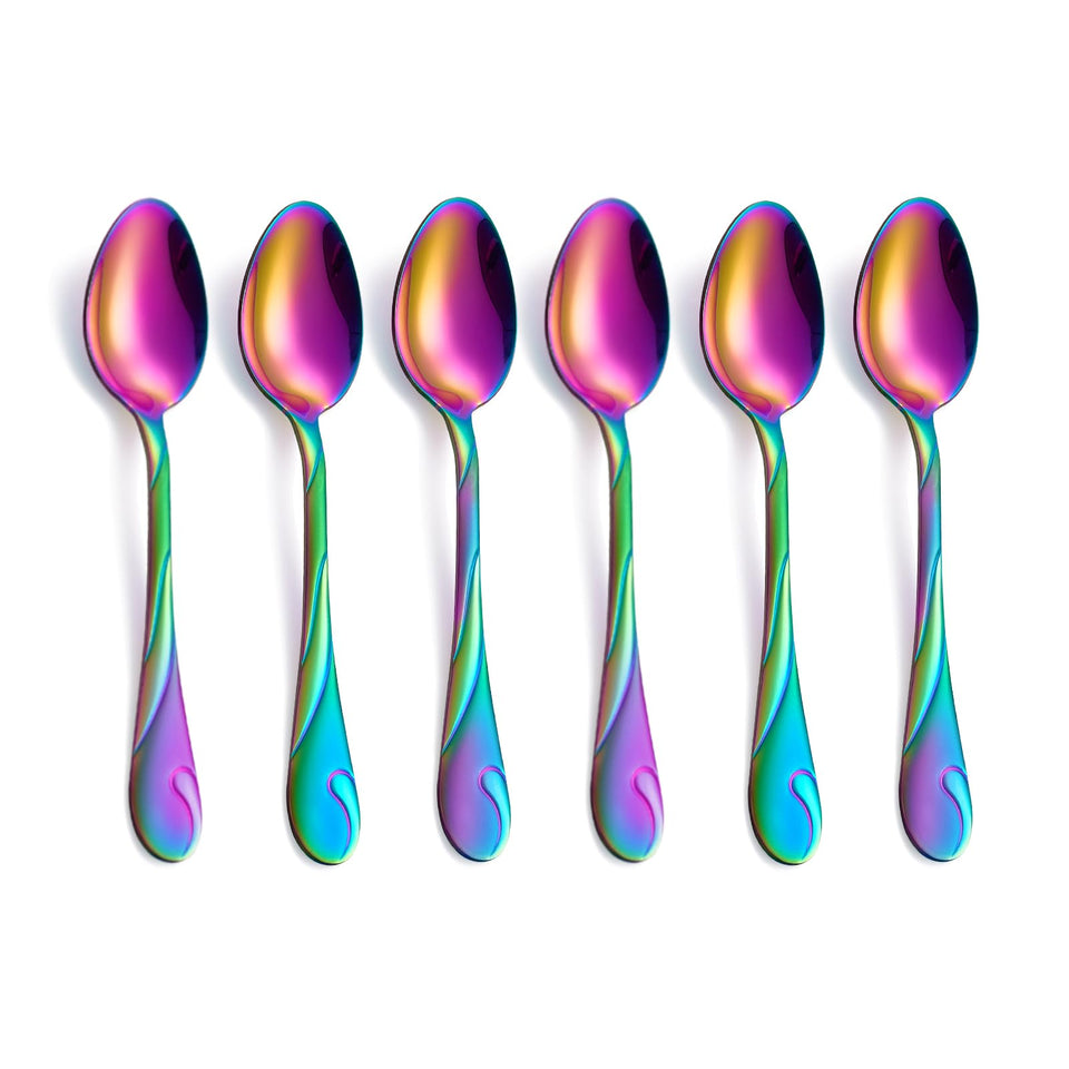 Seeshine rainbow dessert spoons viewed from above in a six-piece set for everyday elegance.