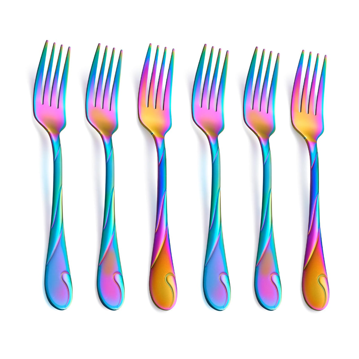 Seeshine rainbow salad forks 6pc on table, vibrant finish for everyday dining.