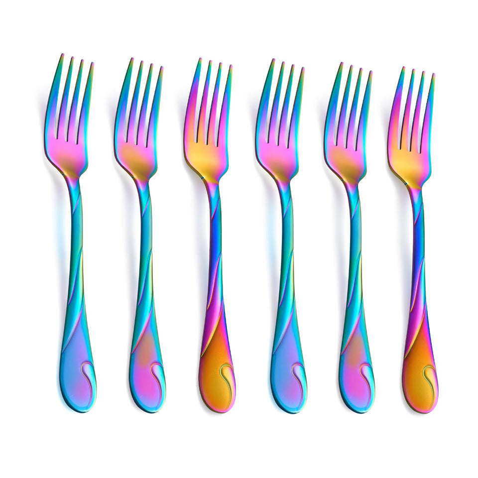 Seeshine rainbow salad forks 6pc on table, vibrant finish for everyday dining.