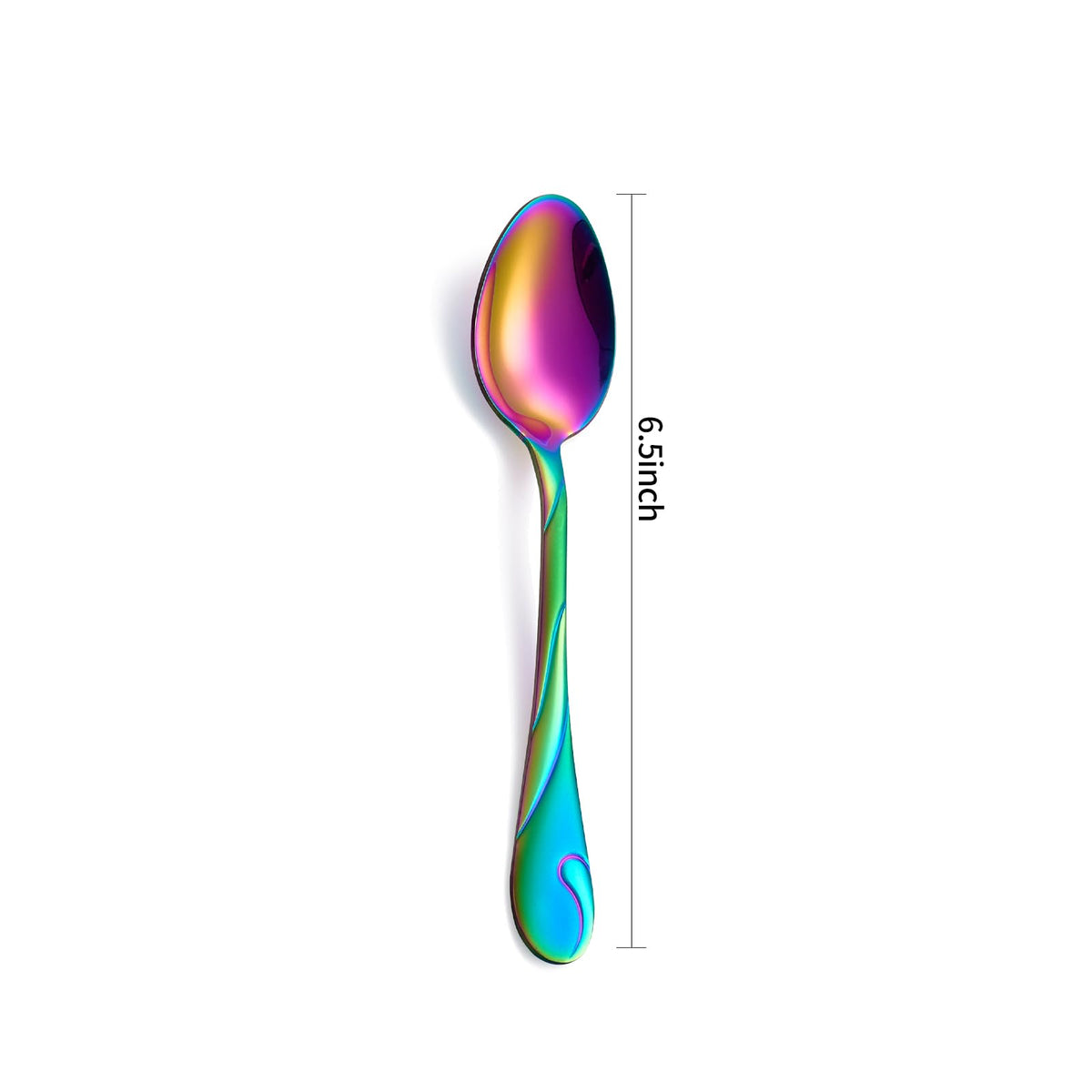 Seeshine rainbow teaspoon close-up highlighting brushed finish and durable stainless steel.