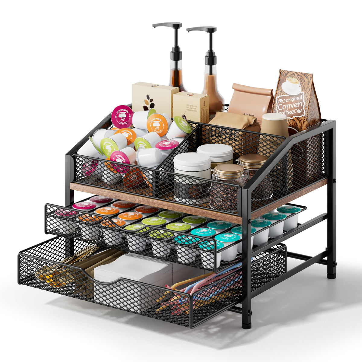 Segtenant coffee bar organizer on countertop with removable dividers for easy K-Cup access and space saving.