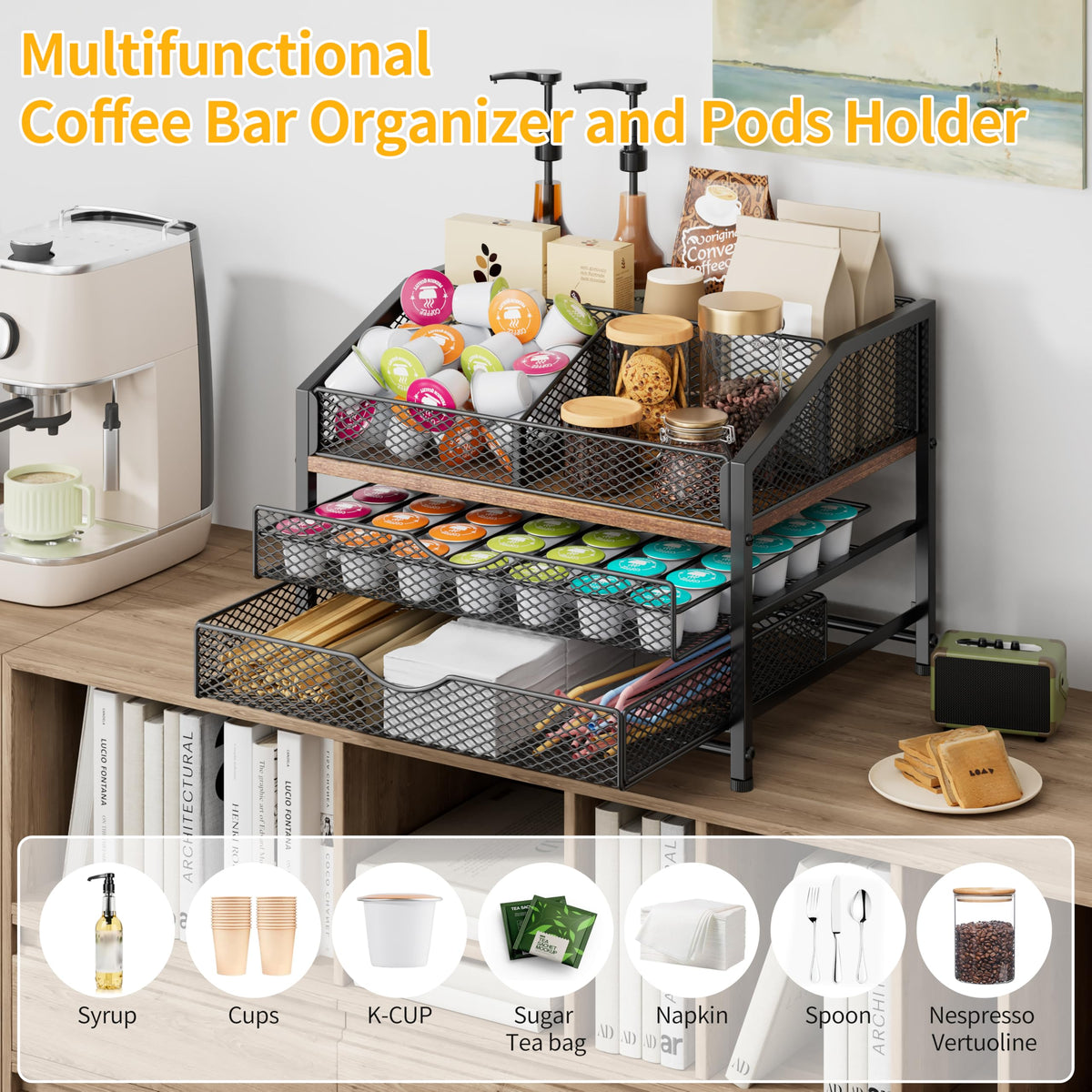 Segtenant removable dividers drawer shows flexible layout for cups, napkins, and stirrers.