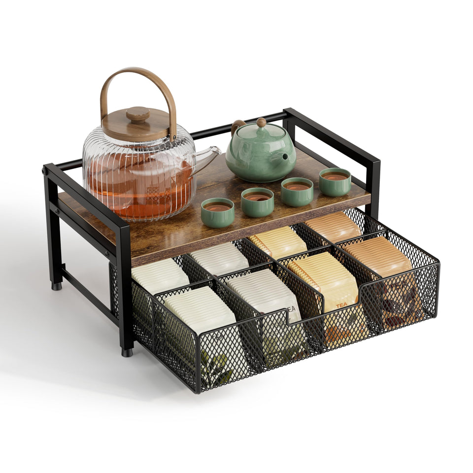 Segtenant tea bag organizer with drawer front view showing organized counter space