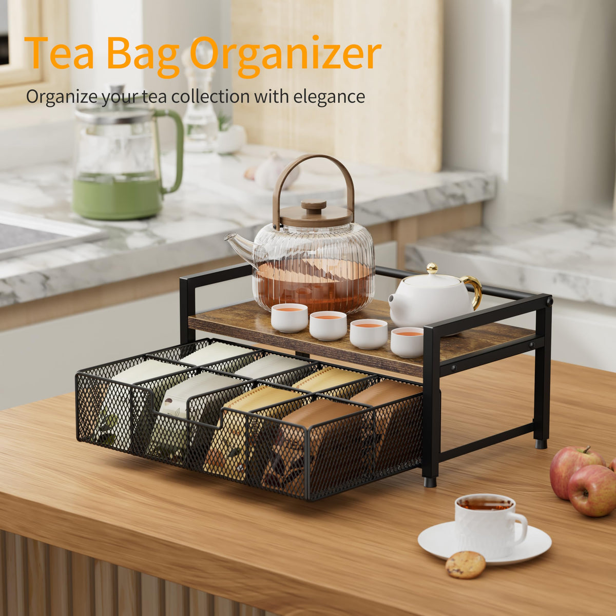 Segtenant tea bar organizer showcasing sturdy wood and metal construction for durability