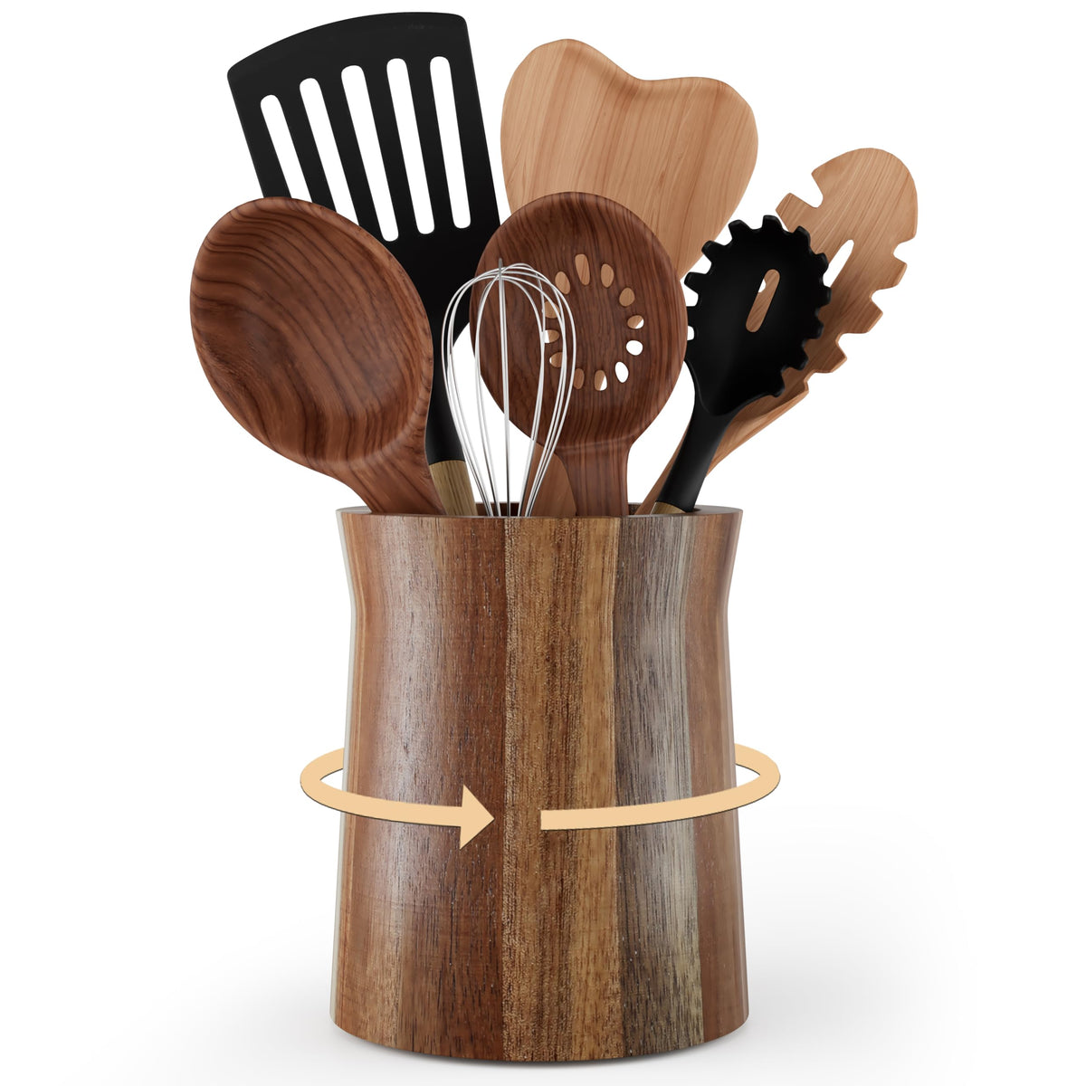 Segtenant 360 degree rotating utensil holder with acacia wood finish for quick access to tools