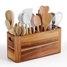 Segtenant four-compartment utensil holder in acacia wood for organized counter space.
