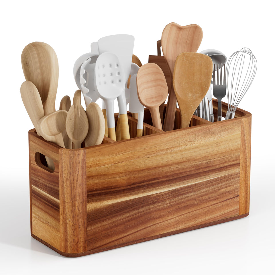 Segtenant four-compartment utensil holder in acacia wood for organized counter space.