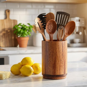 Segtenant utensil holder helps keep kitchen counters organized.