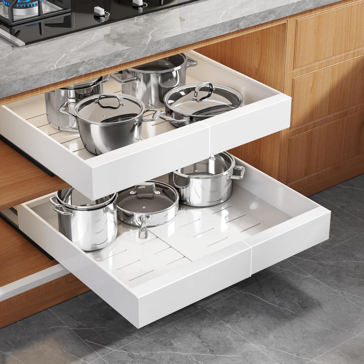 Seinloes 2-pack expandable pull-out cabinet organizer with 16.5-inch depth for easy back-row access