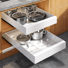 Seinloes 2-pack expandable pull-out cabinet organizer showing accessible back-of-cabinet storage