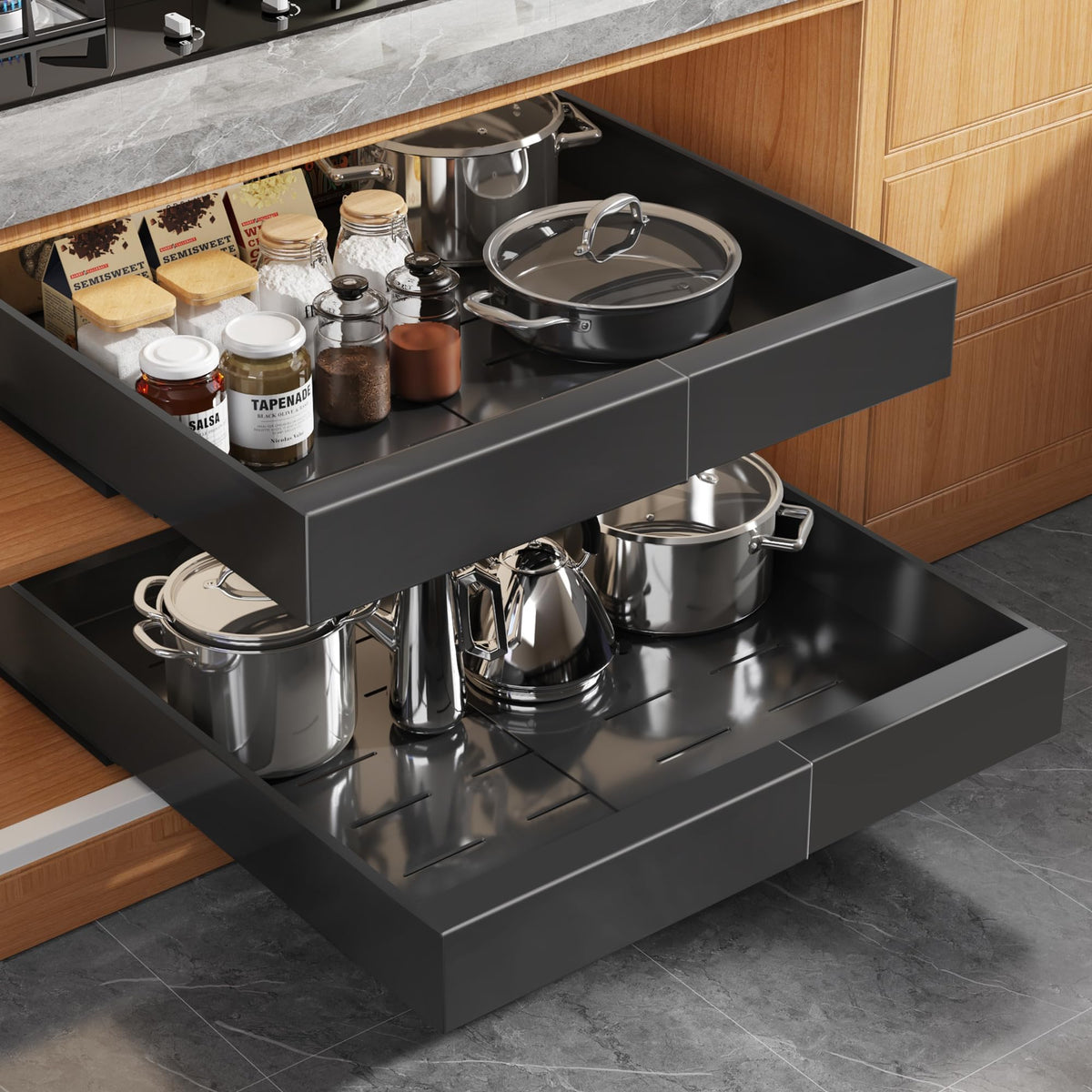 Seinloes 2Pack expandable pull-out cabinet organizer fits a 21-inch deep space for easier access.