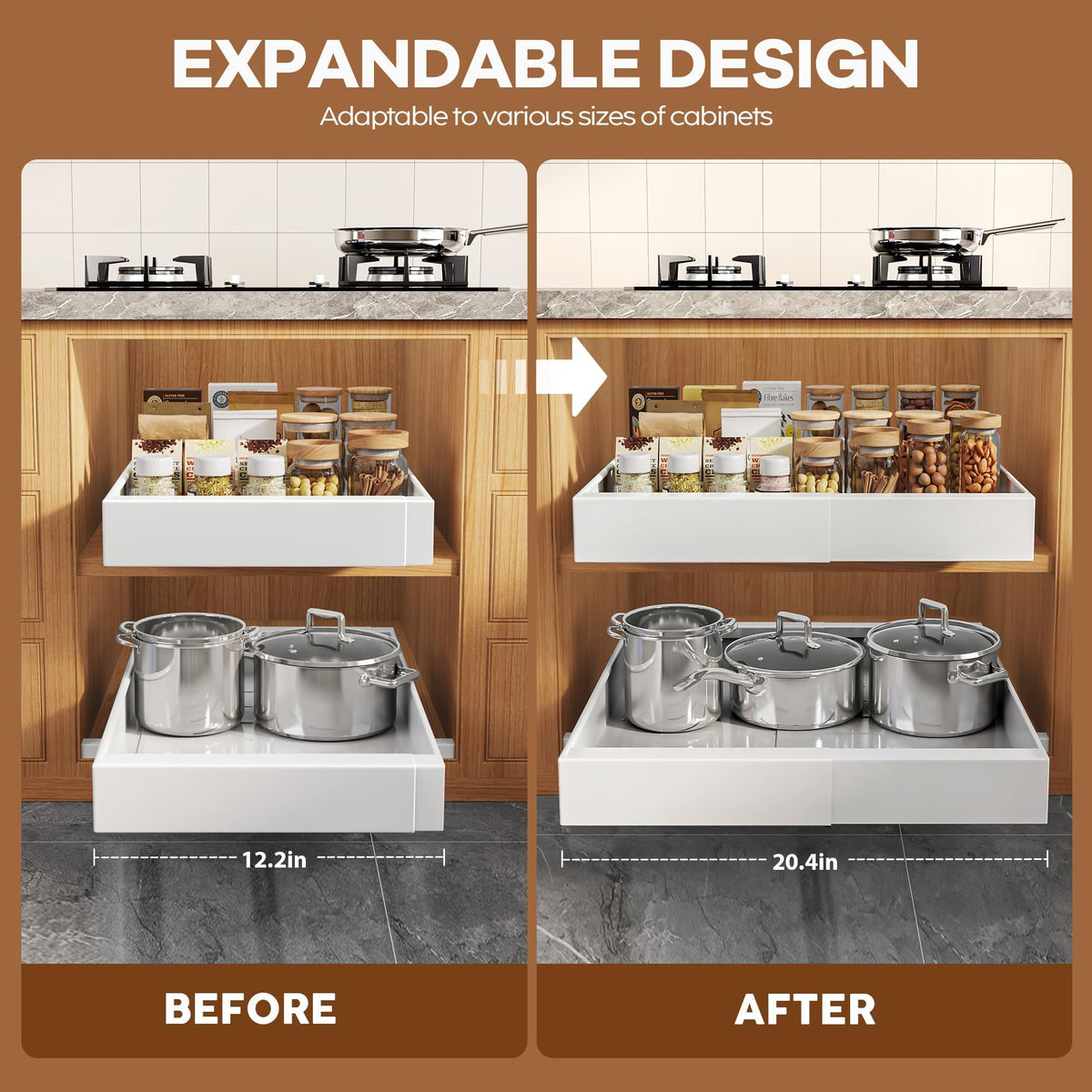 Seinloes 3-rail slide-out design provides sturdy, smooth operation for heavy cookware