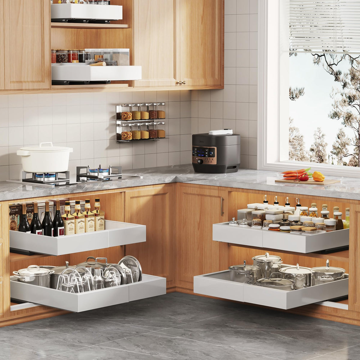 Four divider racks by Seinloes keep pots, pans, and spices neatly separated