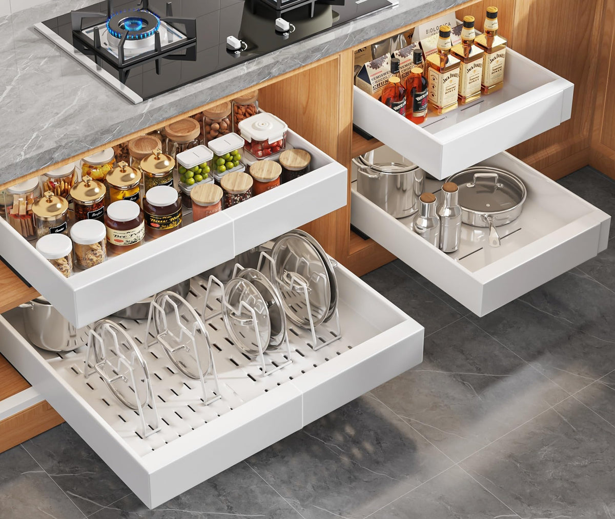 Seinloes expandable pull-out cabinet organizer in action maximizing deep storage space
