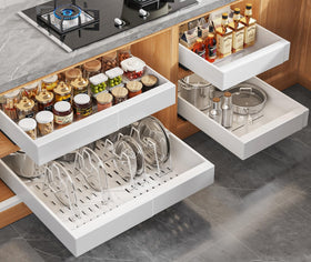 Seinloes expandable pull-out cabinet organizer in action maximizing deep storage space