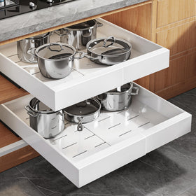 Seinloes expandable pull-out cabinet organizer demonstrating easy access to back shelves.