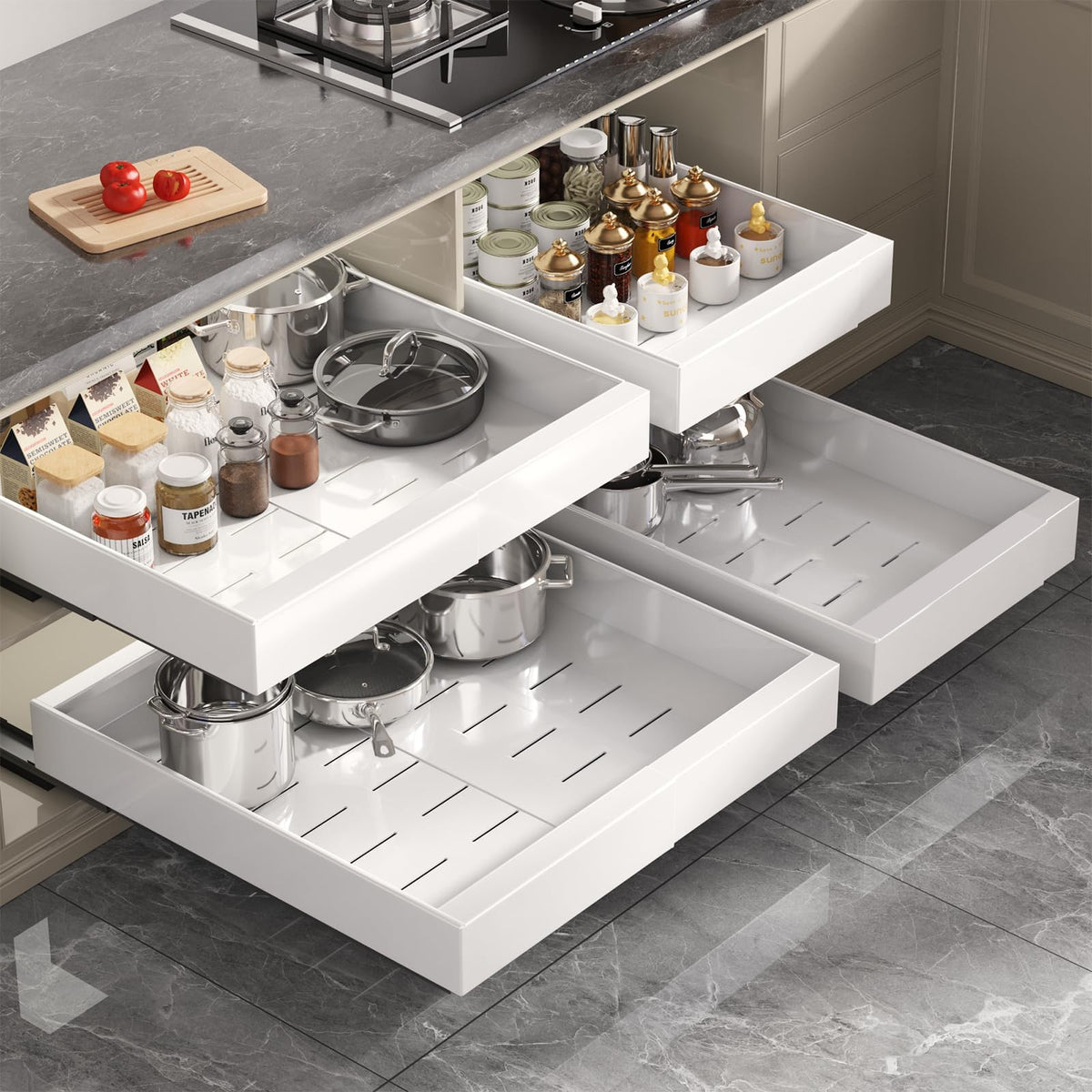 Seinloes compatible with framed and frameless cabinet designs.