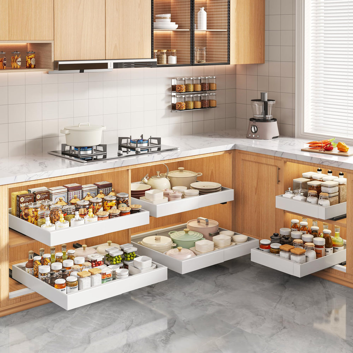 Organize pots pans bowls and canned goods with Seinloes glide-out shelves