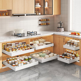 Organize pots pans bowls and canned goods with Seinloes glide-out shelves