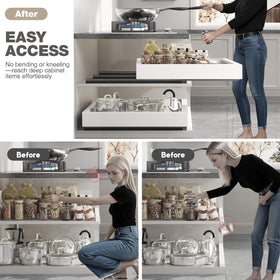 Seinloes no-drill roll-out shelf uses nano adhesive.