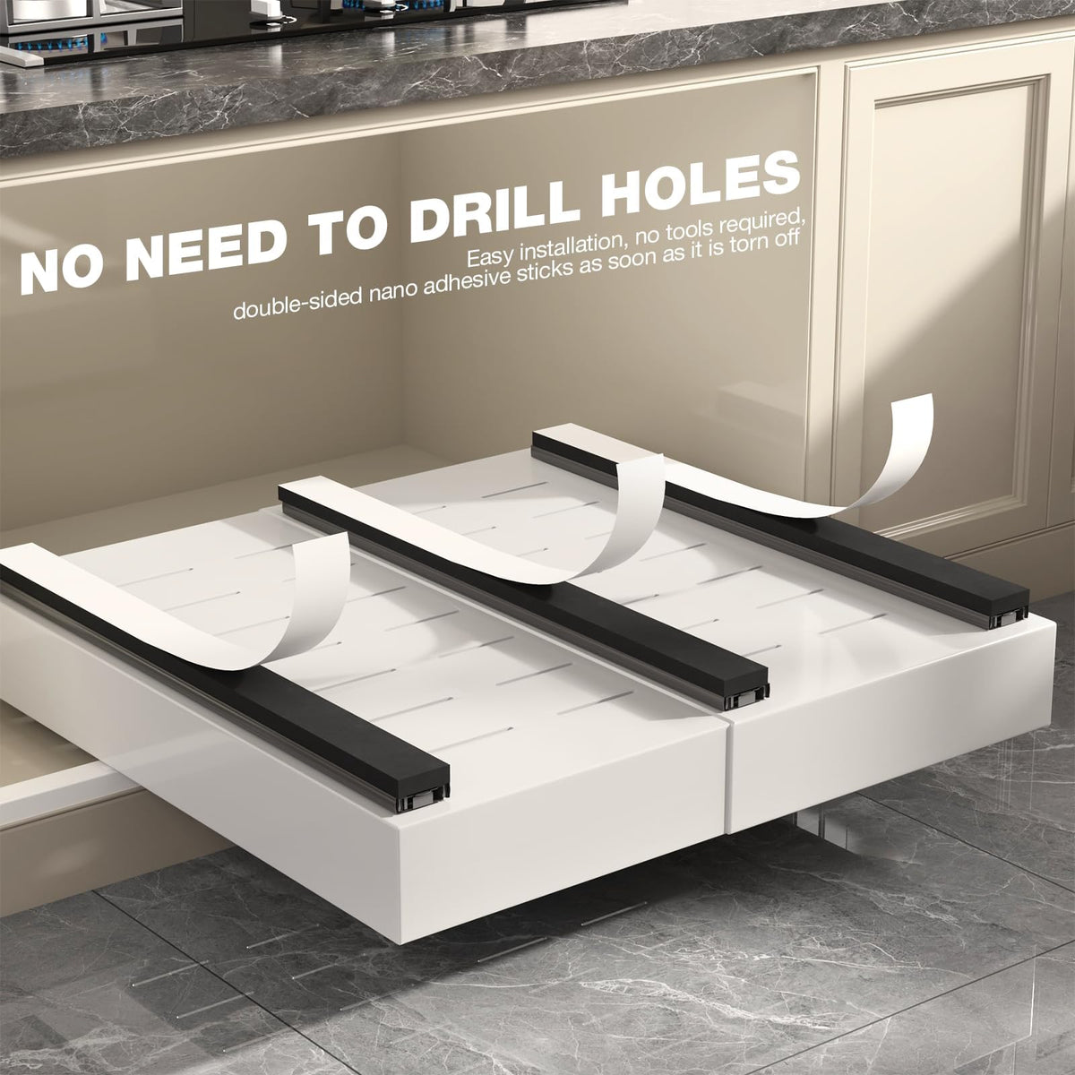 Seinloes white finish brightens cabinet interiors and simplifies cleanup.