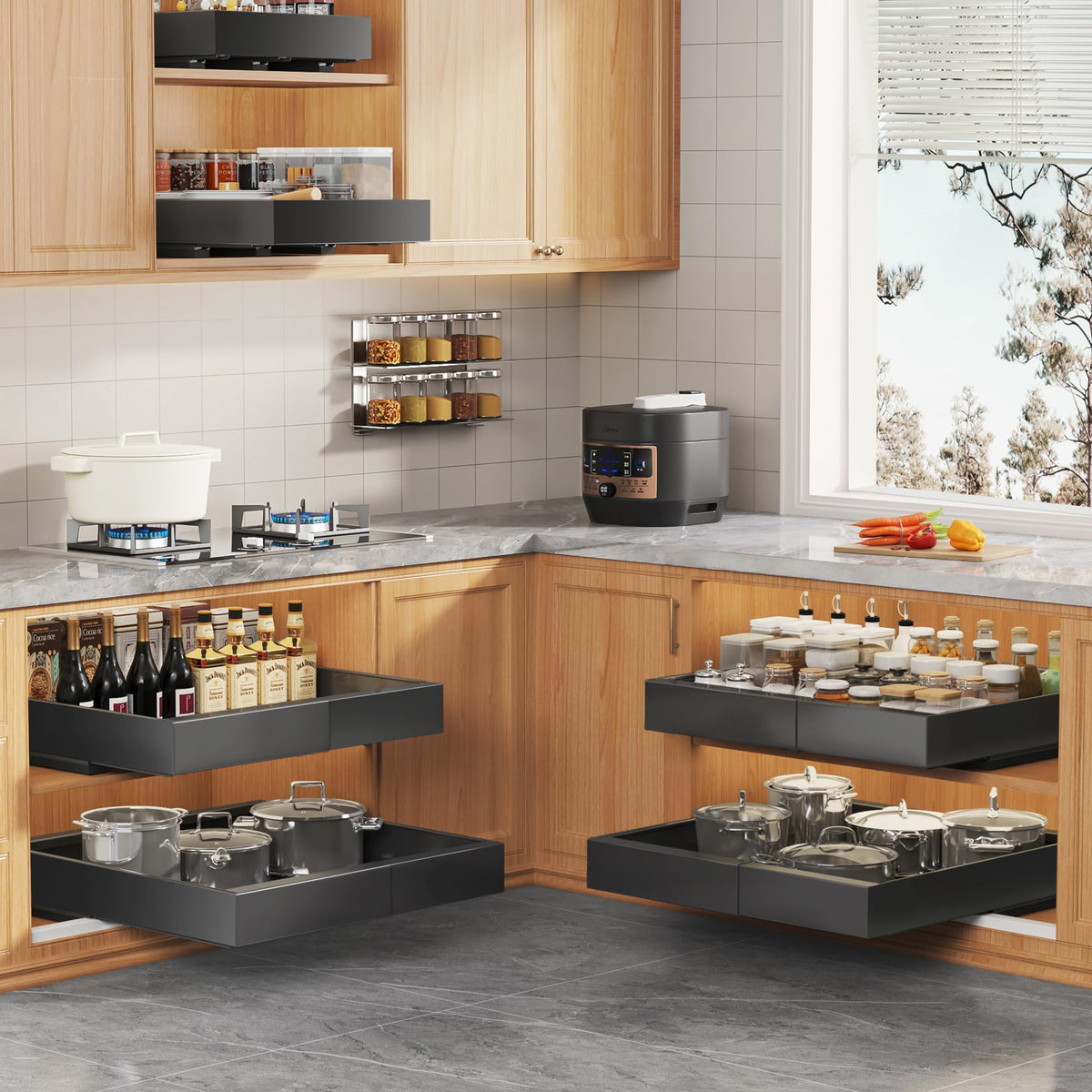 Seinloes pull-out shelves maximize accessible storage for pots, pans, and containers.