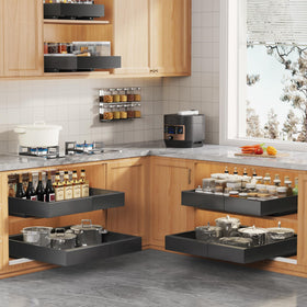 Seinloes pull-out shelves maximize accessible storage for pots, pans, and containers.