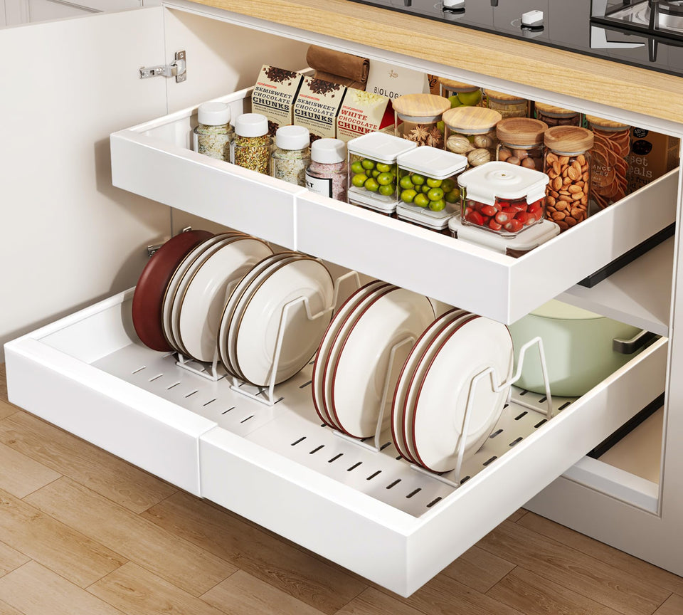 Seinloes pull-out cabinet organizer at 21 inch depth for easy access to back shelves