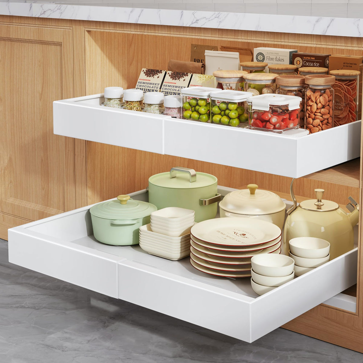 Seinloes pull-out cabinet organizer with raising pad improves clearance in framed cabinets