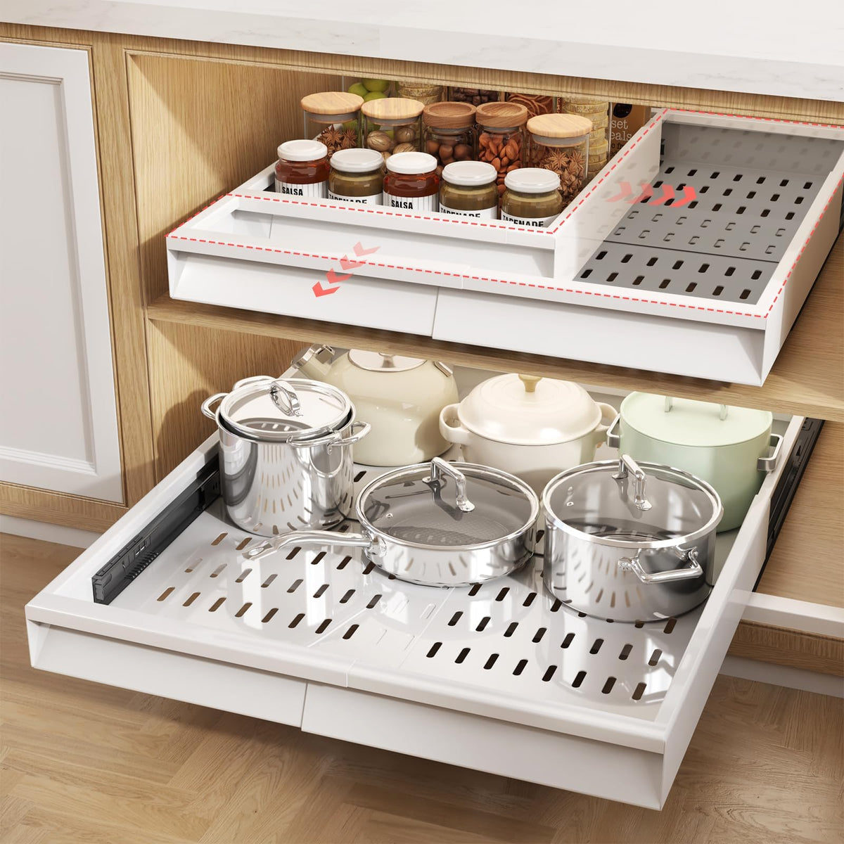 Seinloes pull-out organizer with raising pad in a framed cabinet for easy access to cookware
