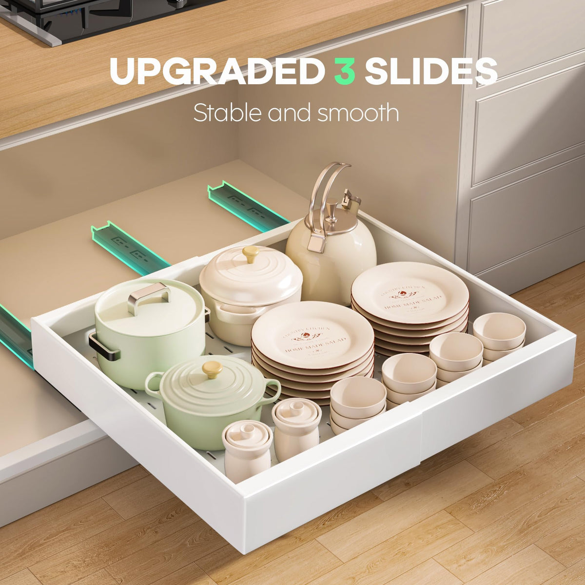 Smooth damping slides ensure quiet operation during use