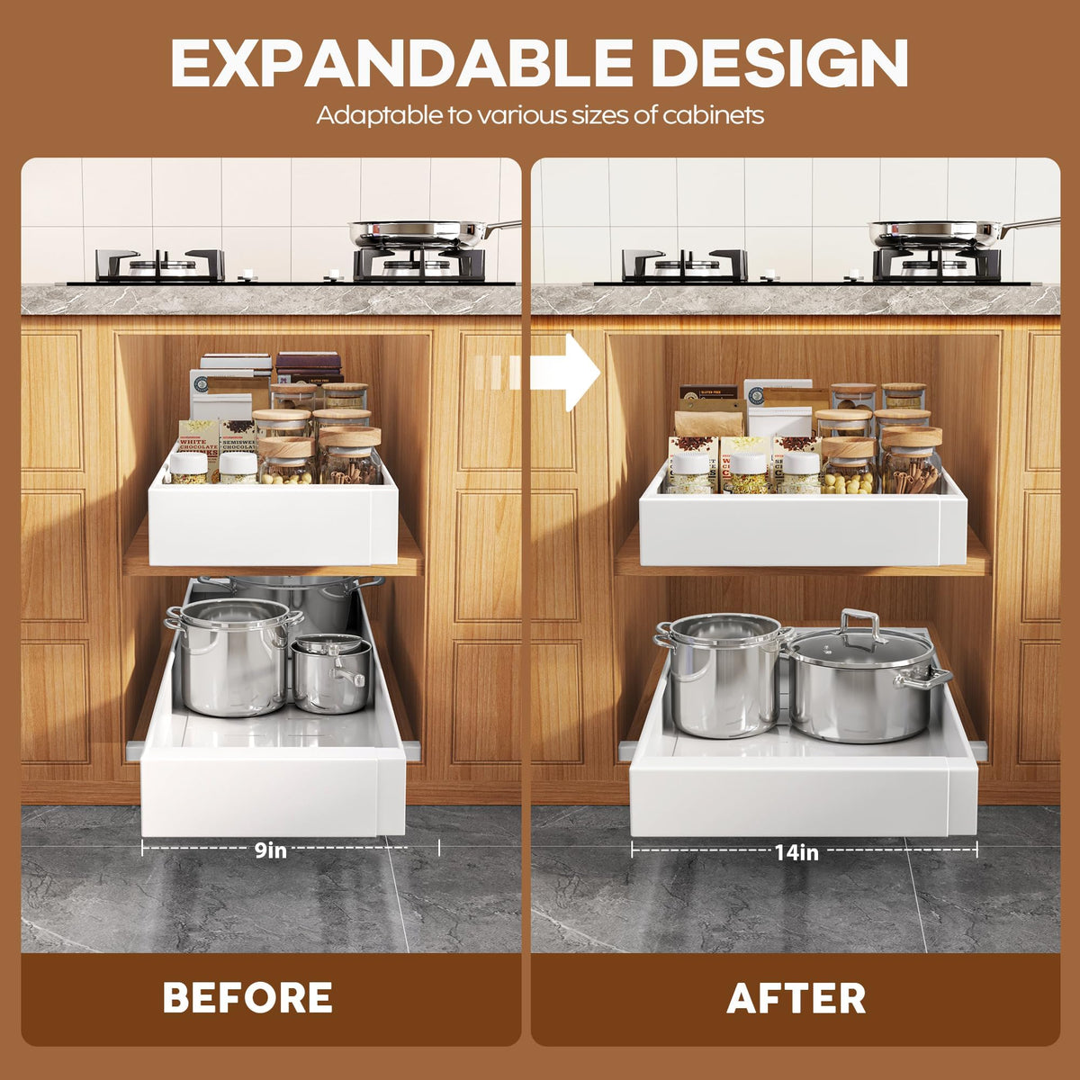 Seinloes three-rail sliding system supporting heavy cookware securely