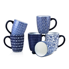 Selamica 16oz mug set 6 with vintage blue pattern for daily coffee rituals.