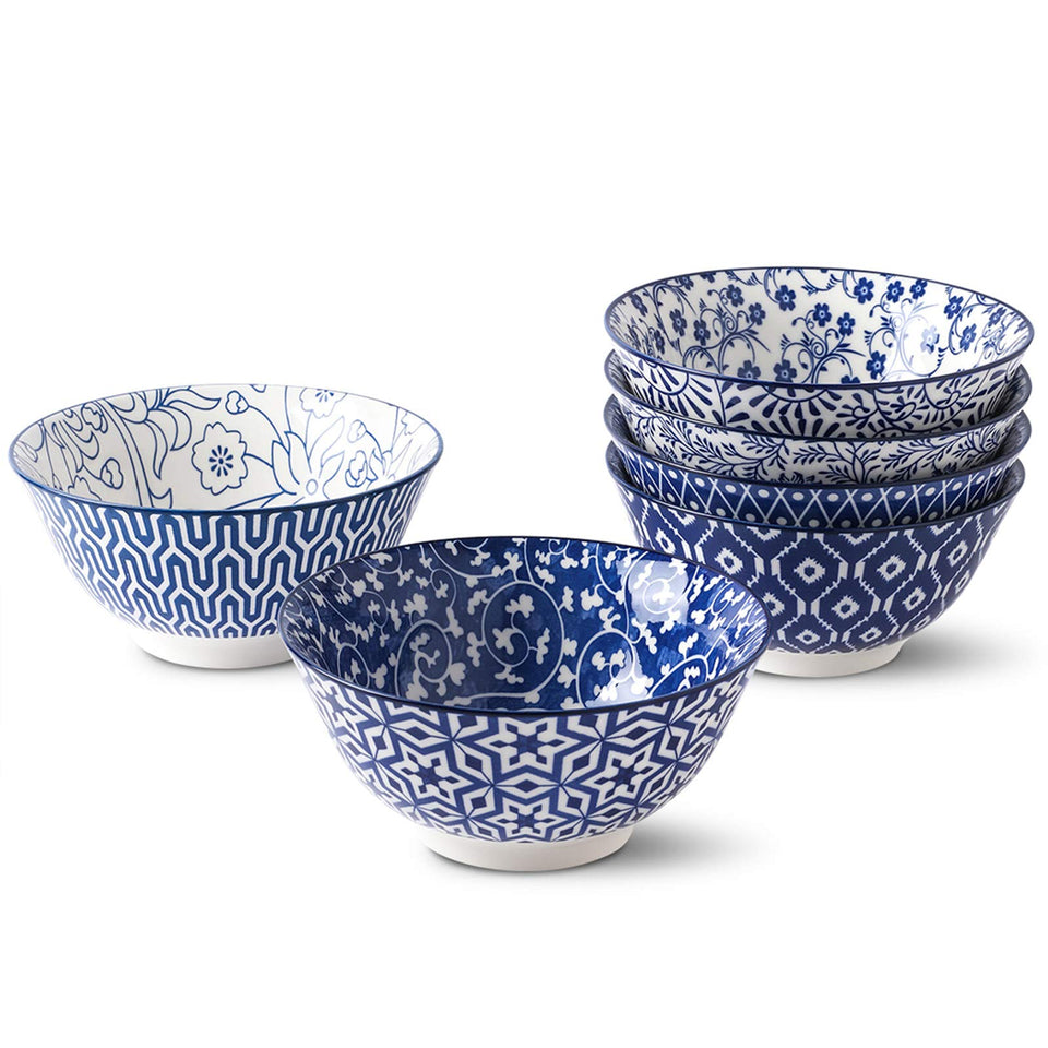 Selamica blue-white porcelain bowl stack demonstrates space-saving design for neat kitchen storage.