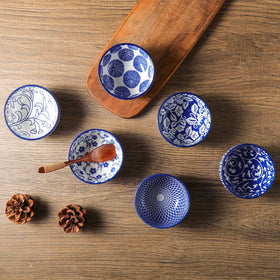 Selamica compact blue glaze bowls add color to simple table setups.