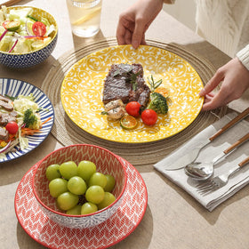 Selamica pattern-design dinnerware highlighting colorful decorative design.