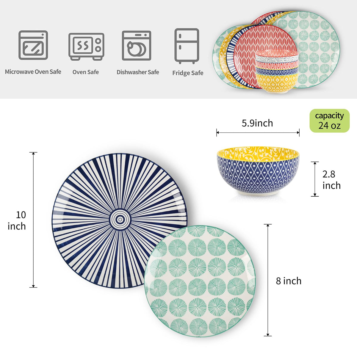 Selamica salad plates 8-inch showcasing colorful patterns for salads and starters.