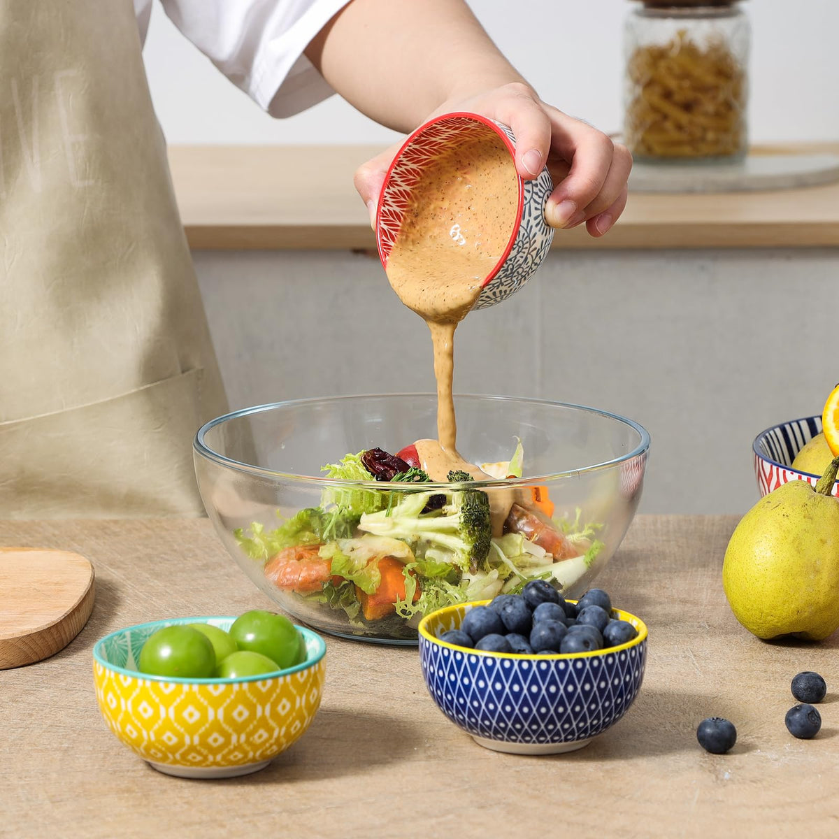 Selamica dipping bowls stack neatly to save cabinet space and reduce clutter.