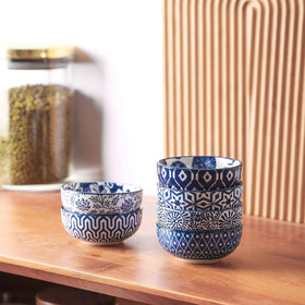 Selamica vintage blue bowls enhance table presentation and meal aesthetics.