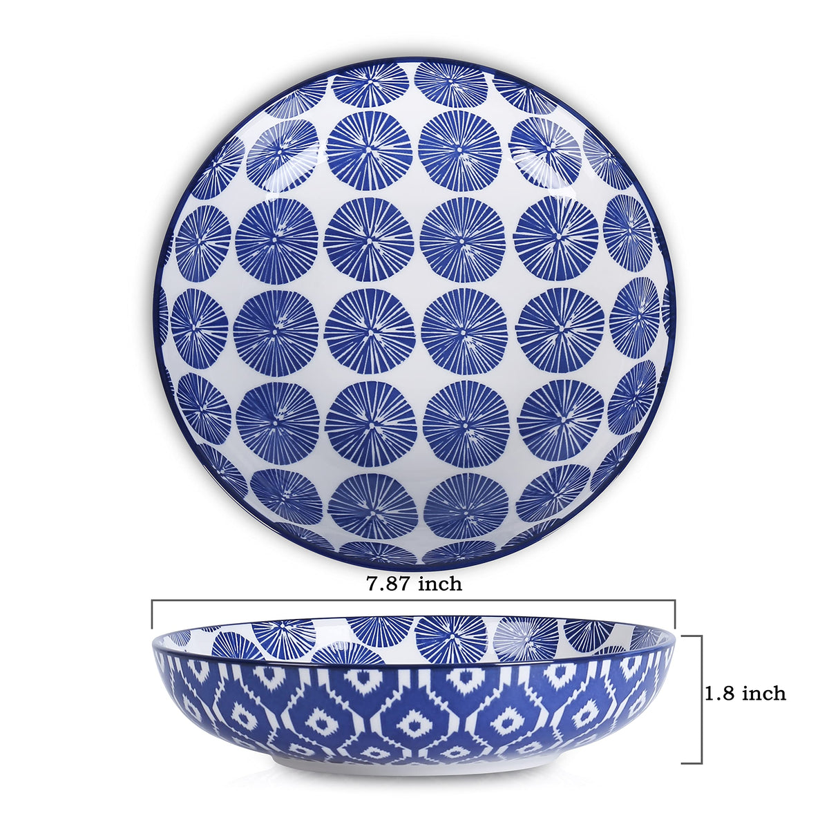 Selamica 8-inch wide shallow bowls with vintage blue pattern for salads.