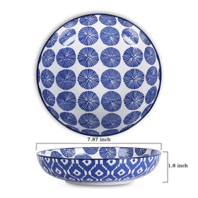 Selamica 8-inch wide shallow bowls with vintage blue pattern for salads.