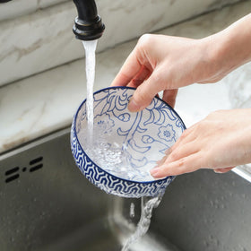 Vintage blue glaze on Selamica bowls adds classic table appeal.