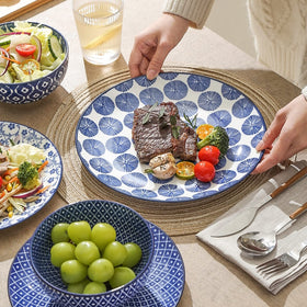 Selamica Vintage Blue stackable dinnerware saves cabinet space and simplifies storage.