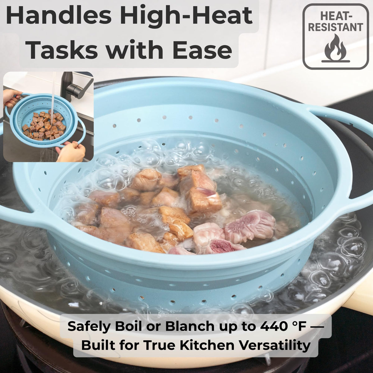 SELECTSHEN heat-resistant silicone colander preserves shape when draining hot foods.