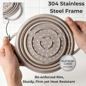 SELECTSHEN platinum silicone with stainless steel rim provides sturdy straining.