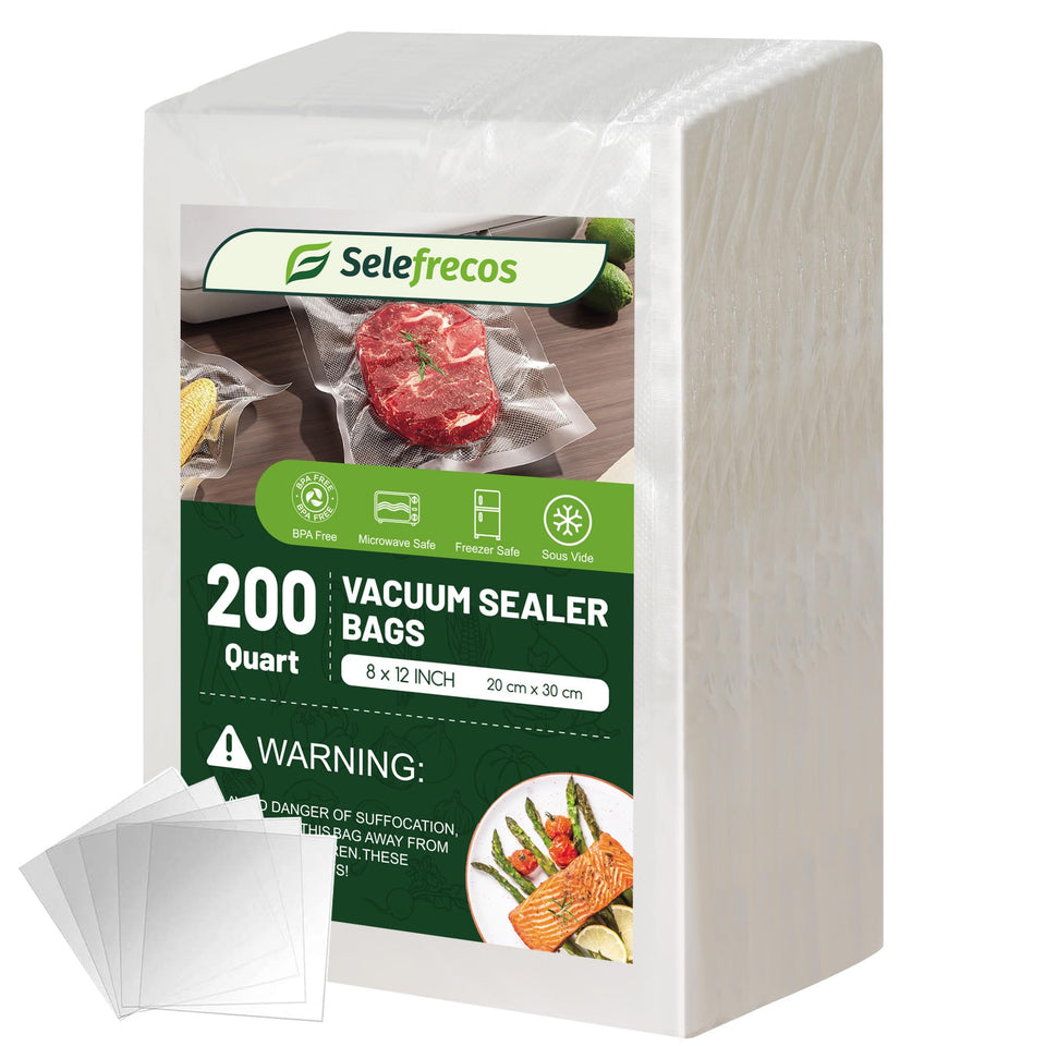 Selefrecos 8x12 heavy-duty vacuum bags seal to lock in freshness for freezing