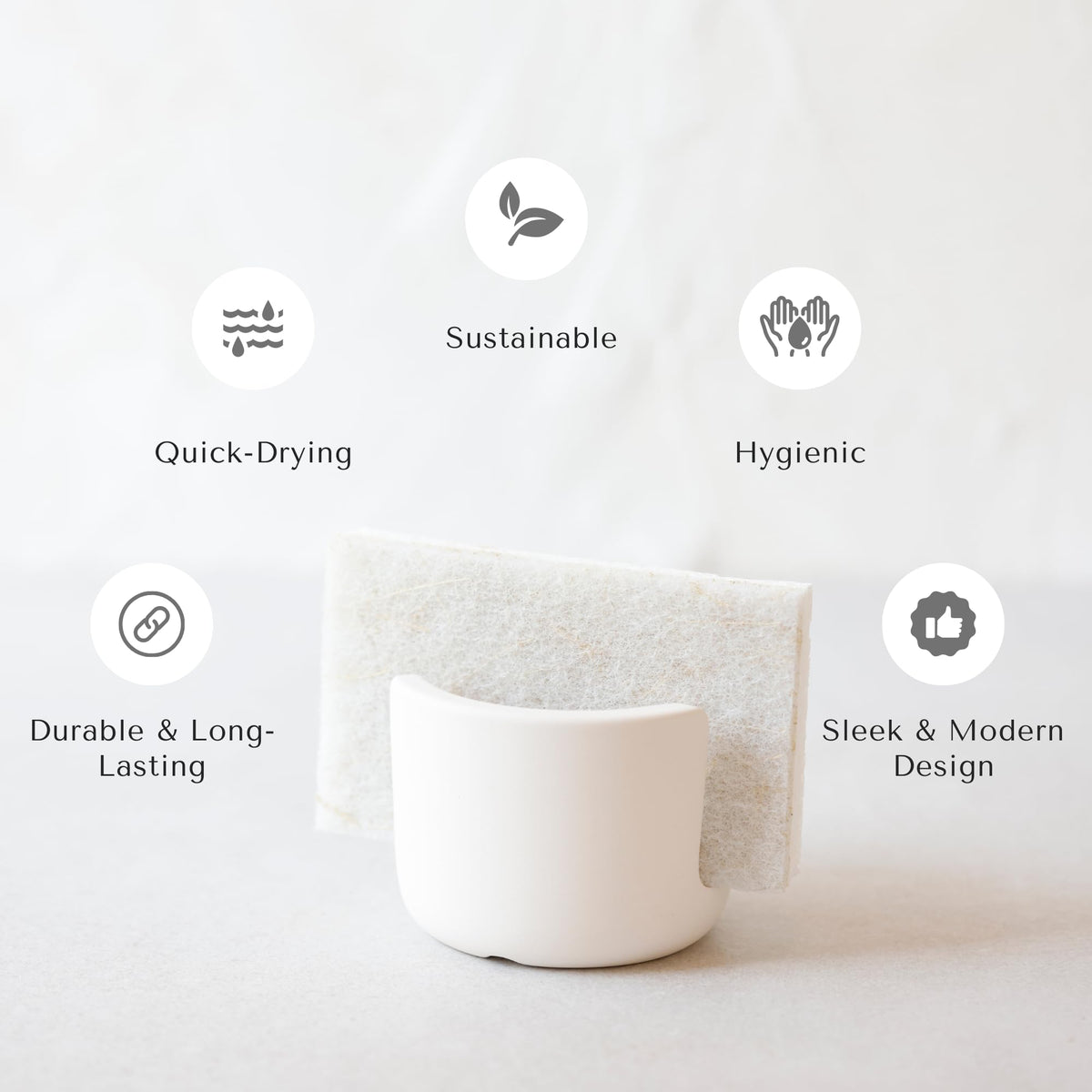 Selegna diatomite stone sponge caddy, in-use shot, keeps sponge accessible and dry after use.