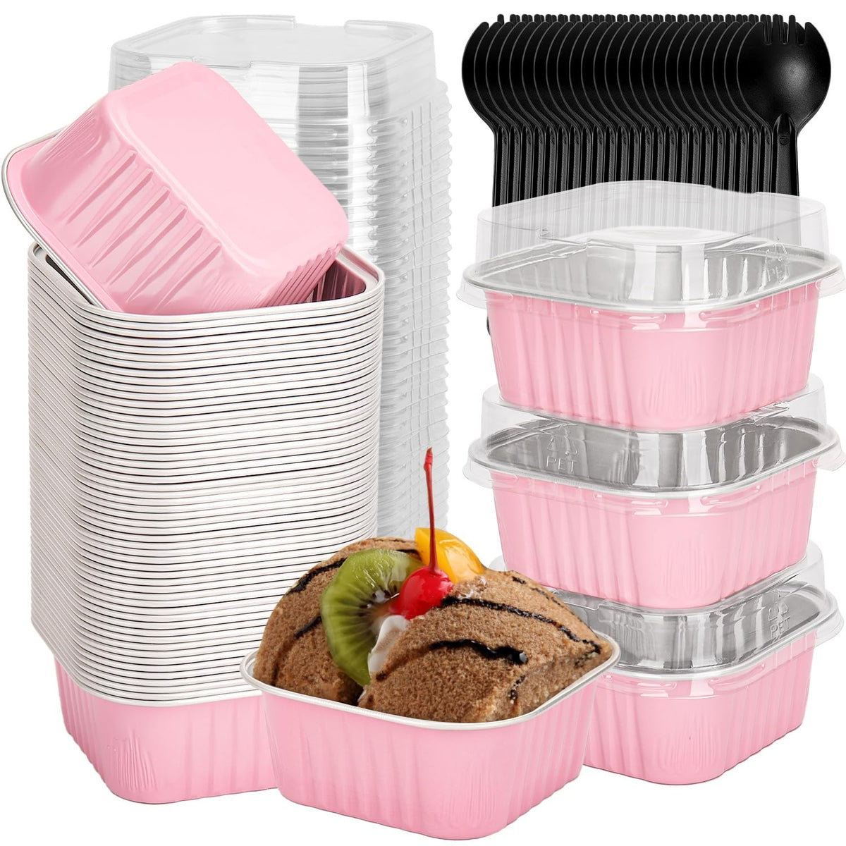 Selizo 60-pack 5oz mini cake pans with lids for easy transport and freshness.